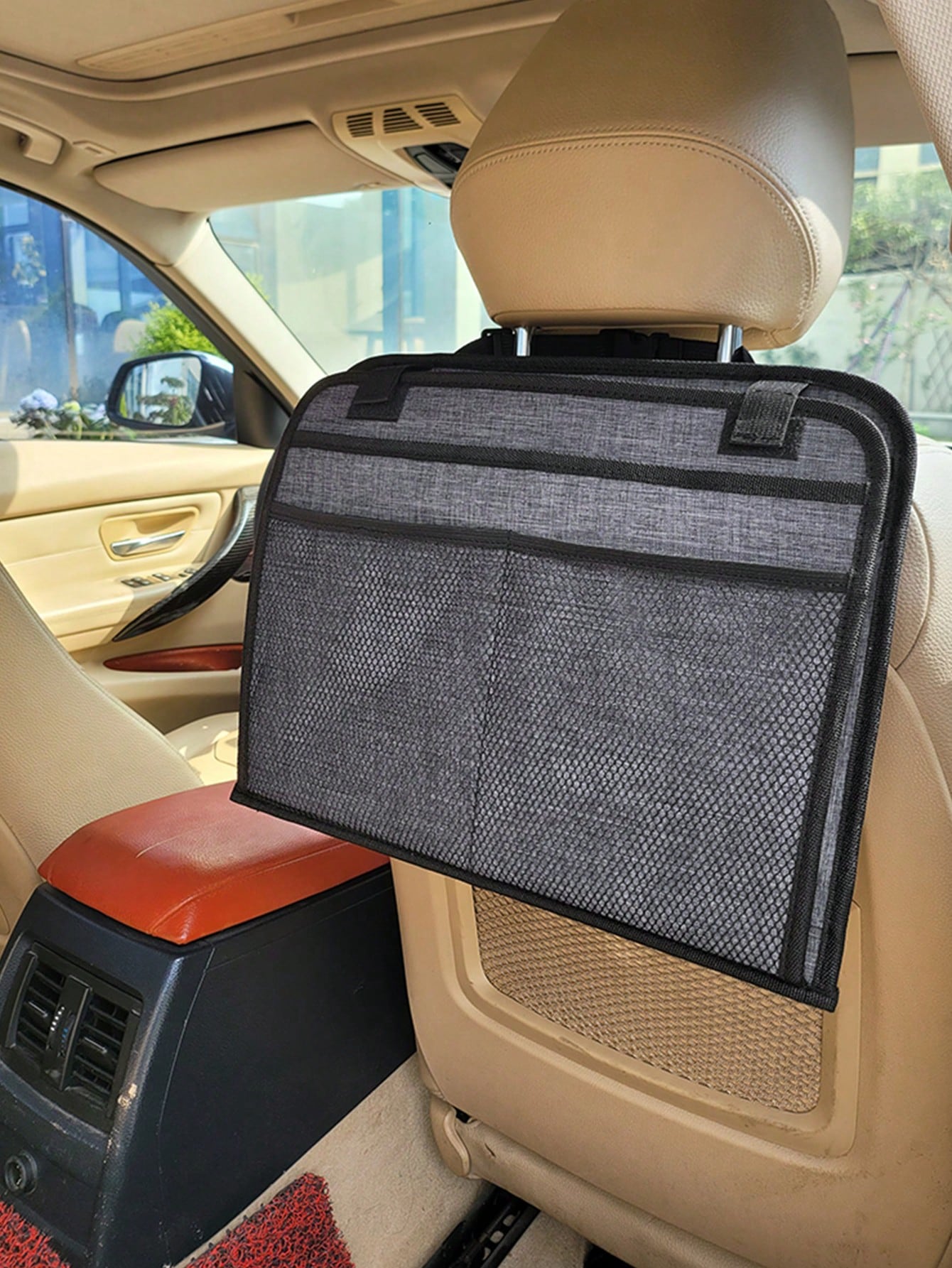 1pc Dark Grey Oxford Cloth Car Seat Back Storage Bag, Car Interior Organizer