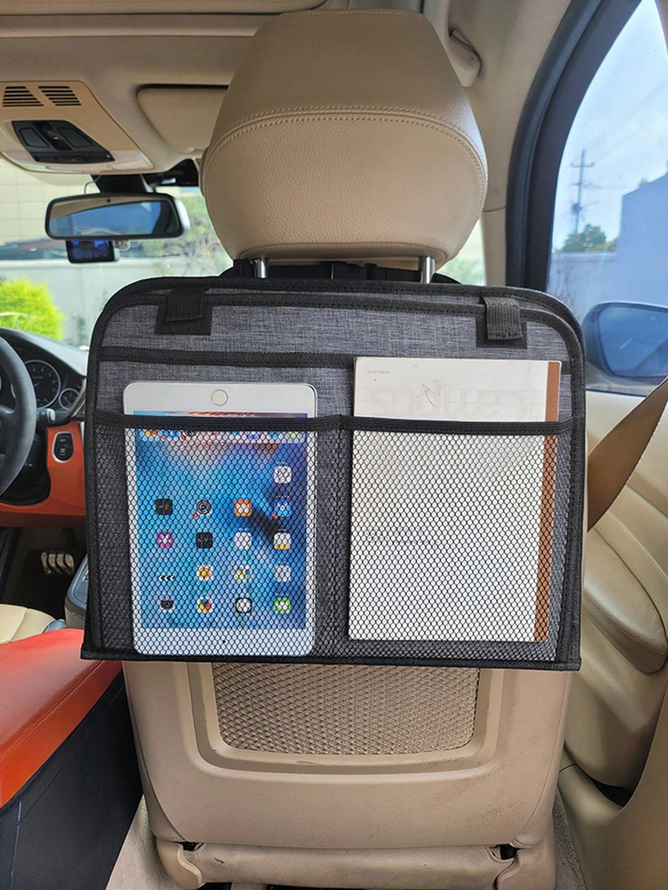 1pc Dark Grey Oxford Cloth Car Seat Back Storage Bag, Car Interior Organizer