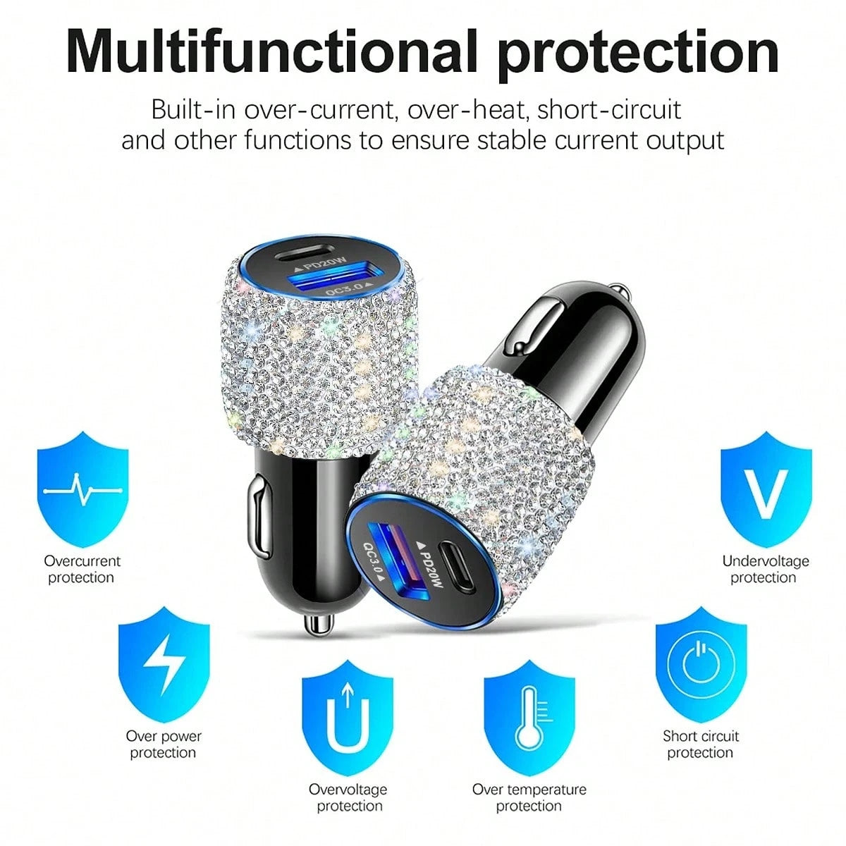1pc Diamond Bling Bling 2/4/6/8 Port Rhinestone Car Charger, 3-In-1 Charging Cable, Fast Charging, Type C, USB, Car Adapter, USB A To Type C, Type C To Type C Compatible With Phone, Dash Cam, GPS, Men