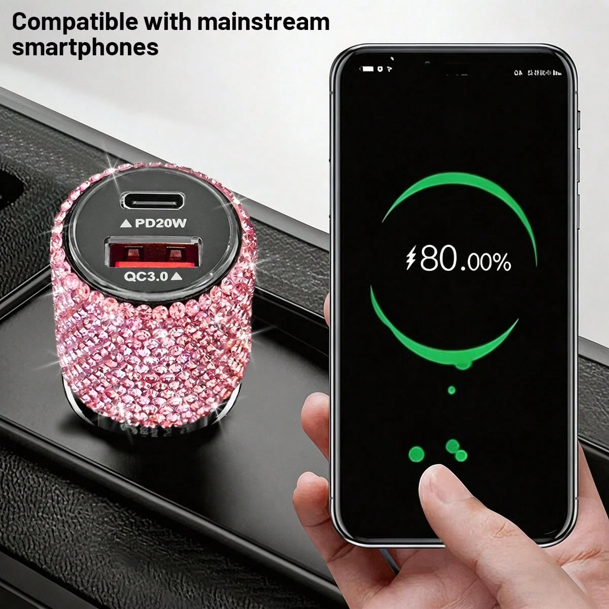 1pc Diamond Bling Bling 2/4/6/8 Port Rhinestone Car Charger, 3-In-1 Charging Cable, Fast Charging, Type C, USB, Car Adapter, USB A To Type C, Type C To Type C Compatible With Phone, Dash Cam, GPS, Men