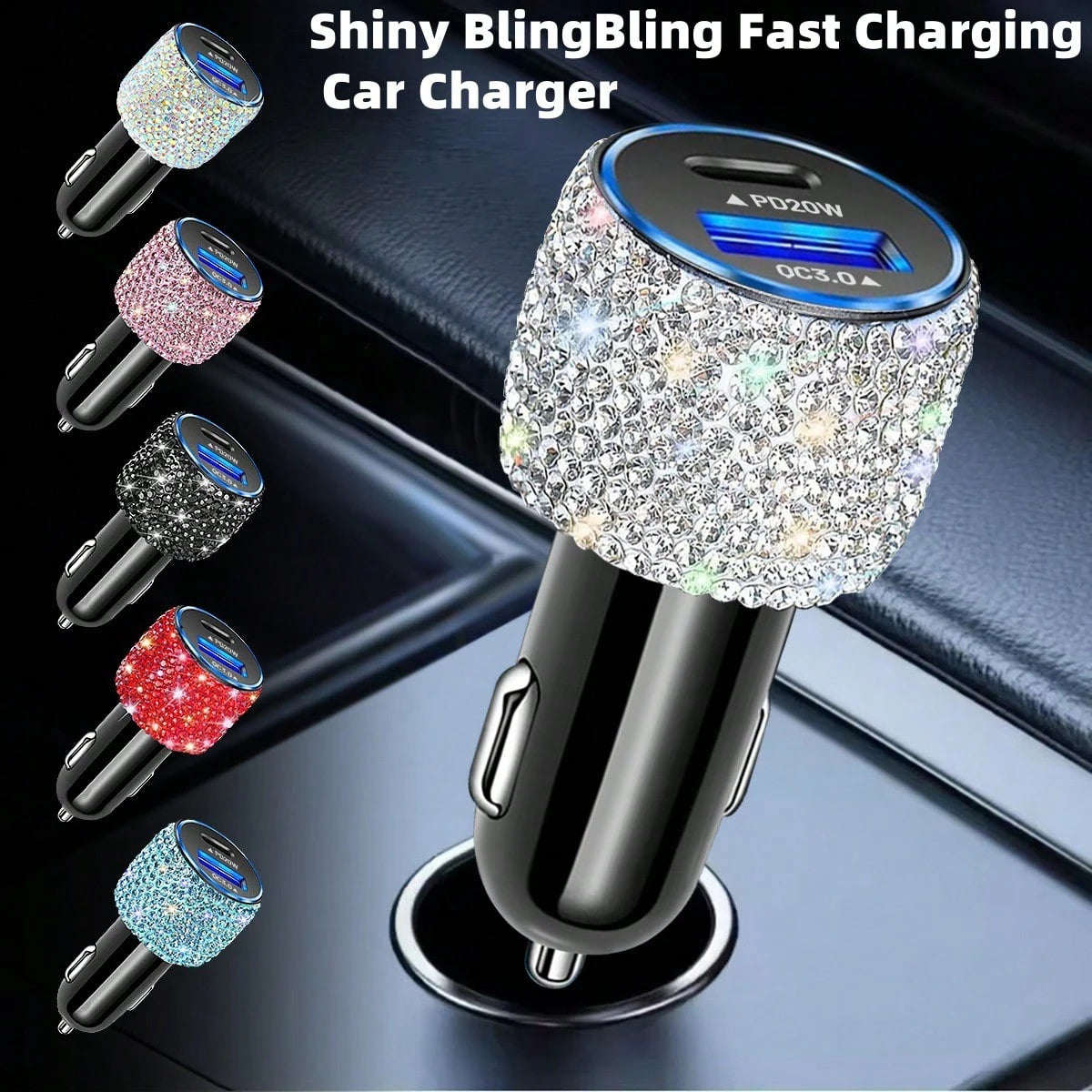 1pc Diamond Bling Bling 2/4/6/8 Port Rhinestone Car Charger, 3-In-1 Charging Cable, Fast Charging, Type C, USB, Car Adapter, USB A To Type C, Type C To Type C Compatible With Phone, Dash Cam, GPS, Men