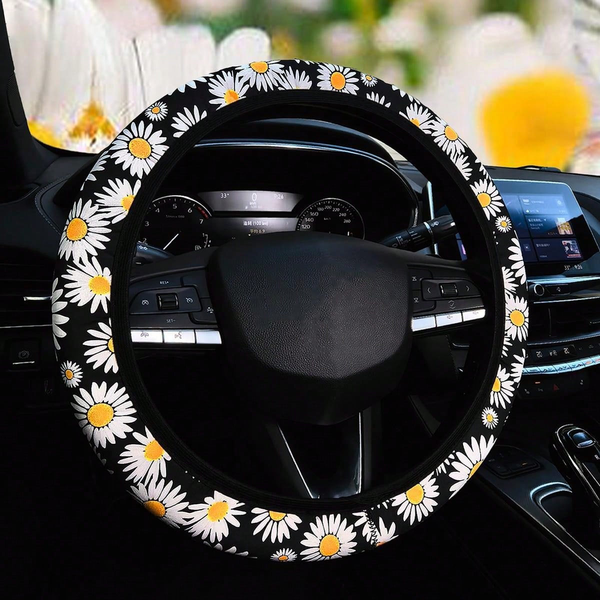 1pc Diving Material Waterproof Flower Leopard Print Footprint Cow Fabric Car No Inner Ring Steering Wheel Cover Suitable For 14.5-15 Inch Steering Wheel Cover General Motors Products
