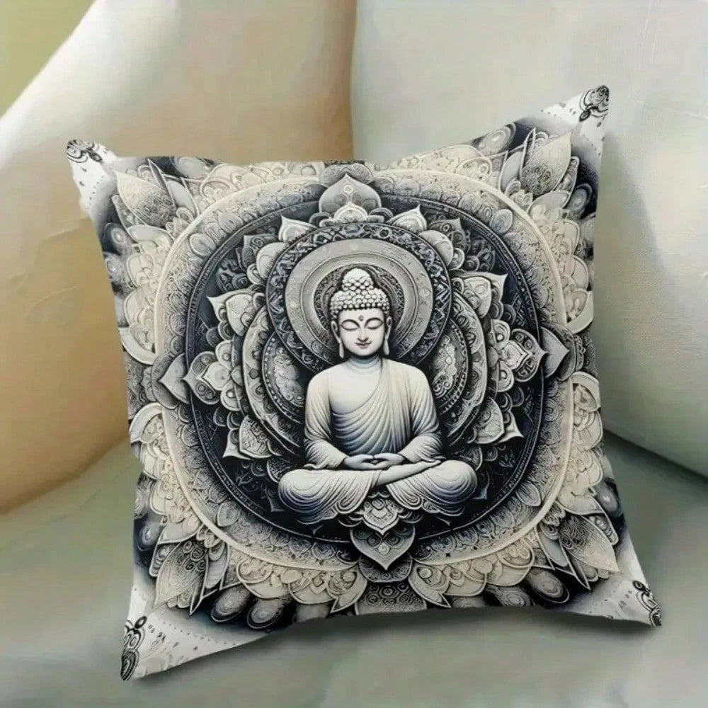 1pc Dual-Sided Buddha Mandala Pillow Cover, Polyester Fabric, Zipper Closure, Machine Washable, Soft & Skin-Friendly, Ideal For Bed, Sofa, Lounge Chair- Seasonal Design With Lotus And Geometric Patte