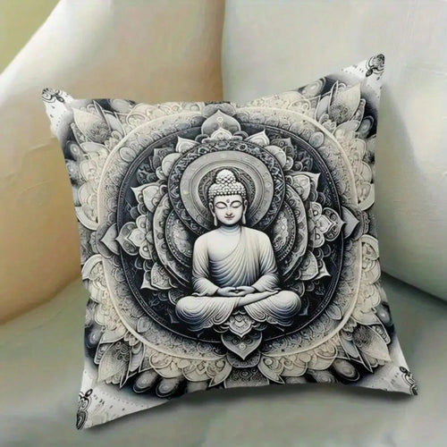 1pc Dual-Sided Buddha Mandala Pillow Cover, Polyester Fabric, Zipper Closure, Machine Washable, Soft & Skin-Friendly, Ideal For Bed, Sofa, Lounge Chair- Seasonal Design With Lotus And Geometric Patte