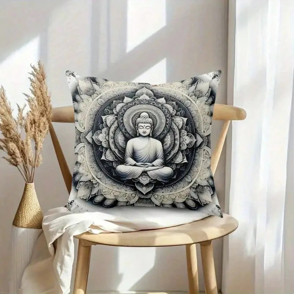 1pc Dual-Sided Buddha Mandala Pillow Cover, Polyester Fabric, Zipper Closure, Machine Washable, Soft & Skin-Friendly, Ideal For Bed, Sofa, Lounge Chair- Seasonal Design With Lotus And Geometric Patte