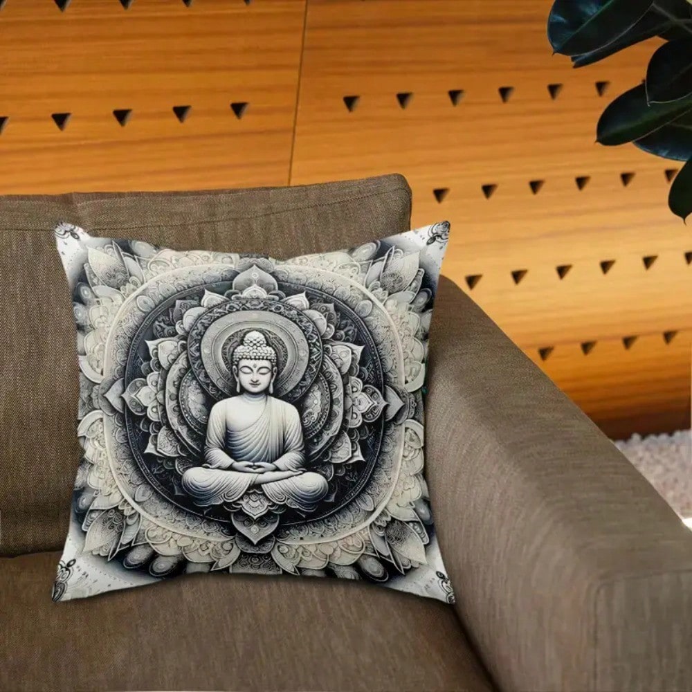 1pc Dual-Sided Buddha Mandala Pillow Cover, Polyester Fabric, Zipper Closure, Machine Washable, Soft & Skin-Friendly, Ideal For Bed, Sofa, Lounge Chair- Seasonal Design With Lotus And Geometric Patte