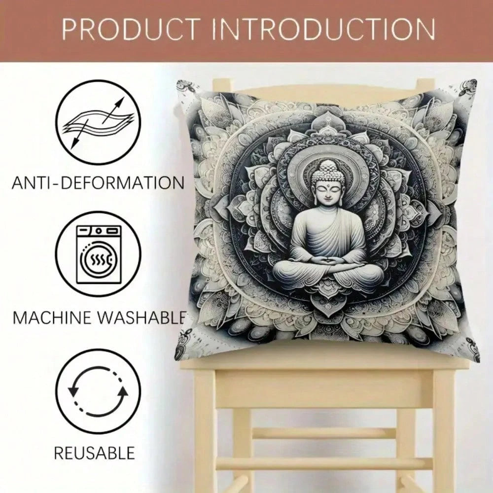 1pc Dual-Sided Buddha Mandala Pillow Cover, Polyester Fabric, Zipper Closure, Machine Washable, Soft & Skin-Friendly, Ideal For Bed, Sofa, Lounge Chair- Seasonal Design With Lotus And Geometric Patte