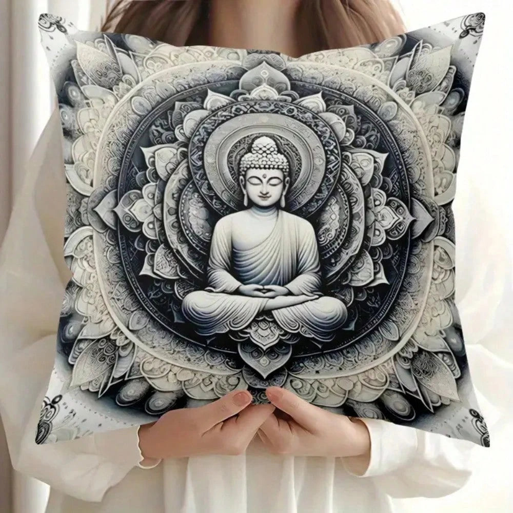 1pc Dual-Sided Buddha Mandala Pillow Cover, Polyester Fabric, Zipper Closure, Machine Washable, Soft & Skin-Friendly, Ideal For Bed, Sofa, Lounge Chair- Seasonal Design With Lotus And Geometric Patte