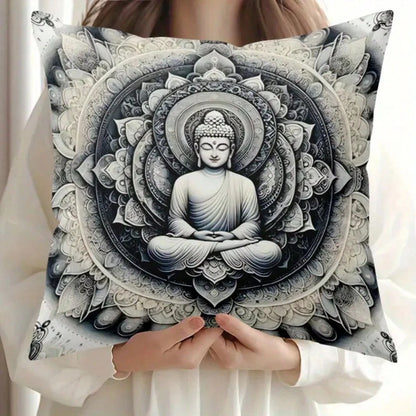 1pc Dual-Sided Buddha Mandala Pillow Cover, Polyester Fabric, Zipper Closure, Machine Washable, Soft & Skin-Friendly, Ideal For Bed, Sofa, Lounge Chair- Seasonal Design With Lotus And Geometric Patte