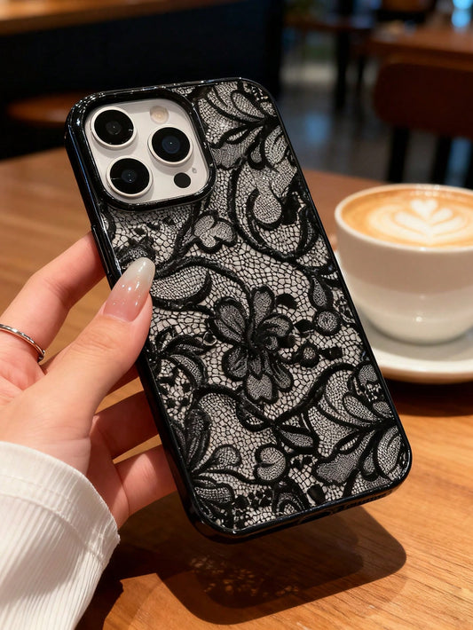 1pc Elegant Black Lace Floral Pattern Phone Case, TPU Shockproof Protective Cover, Compatible With 17/16/15/14/13/12/11/Pro/Pro Max/Plus, Suitable As Gift For Family, Couples, Friends, Aesthetic