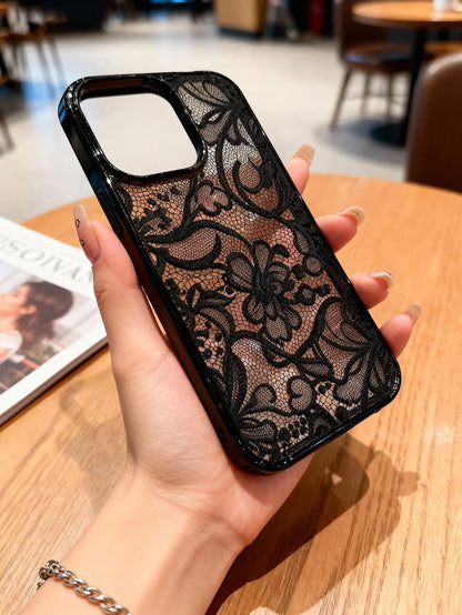 1pc Elegant Black Lace Floral Pattern Phone Case, TPU Shockproof Protective Cover, Compatible With 17/16/15/14/13/12/11/Pro/Pro Max/Plus, Suitable As Gift For Family, Couples, Friends, Aesthetic
