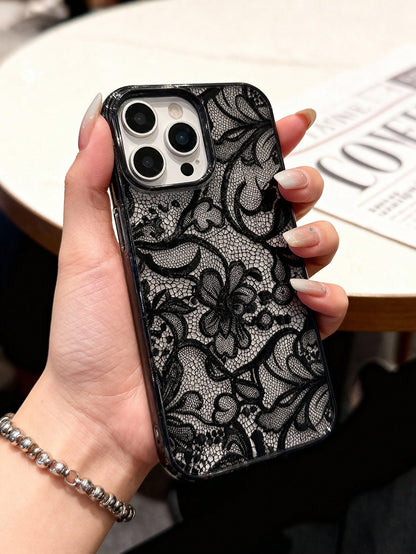 1pc Elegant Black Lace Floral Pattern Phone Case, TPU Shockproof Protective Cover, Compatible With 17/16/15/14/13/12/11/Pro/Pro Max/Plus, Suitable As Gift For Family, Couples, Friends, Aesthetic