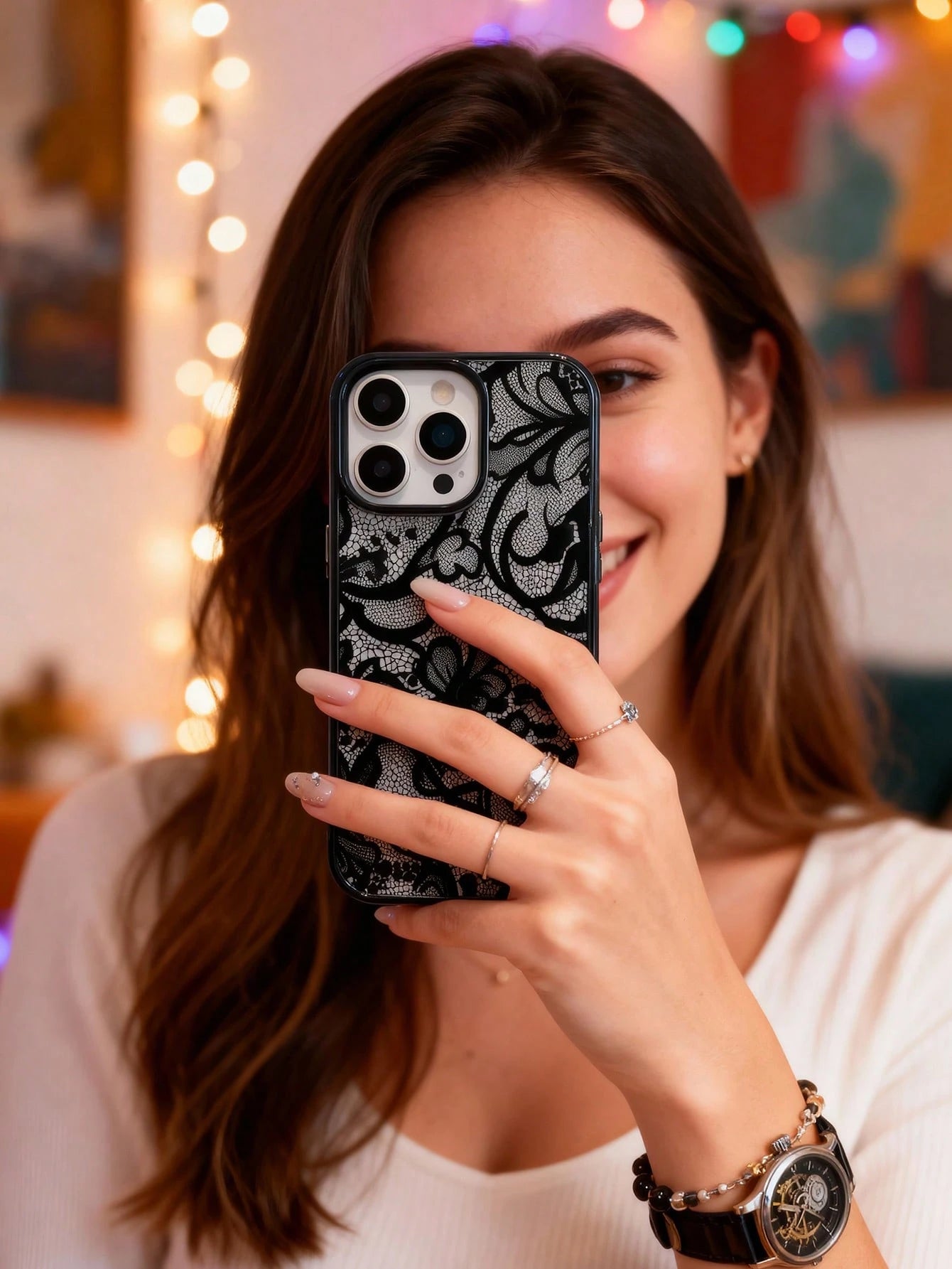 1pc Elegant Black Lace Floral Pattern Phone Case, TPU Shockproof Protective Cover, Compatible With 17/16/15/14/13/12/11/Pro/Pro Max/Plus, Suitable As Gift For Family, Couples, Friends, Aesthetic