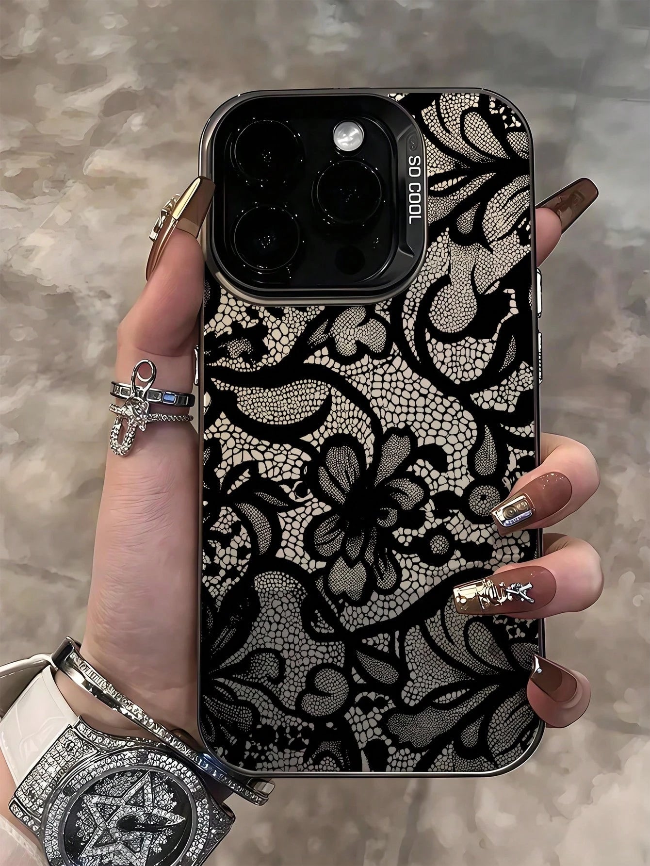 1pc Elegant Black Lace Floral Pattern Phone Case, TPU Shockproof Protective Cover, Compatible With 17/16/15/14/13/12/11/Pro/Pro Max/Plus, Suitable As Gift For Family, Couples, Friends, Aesthetic