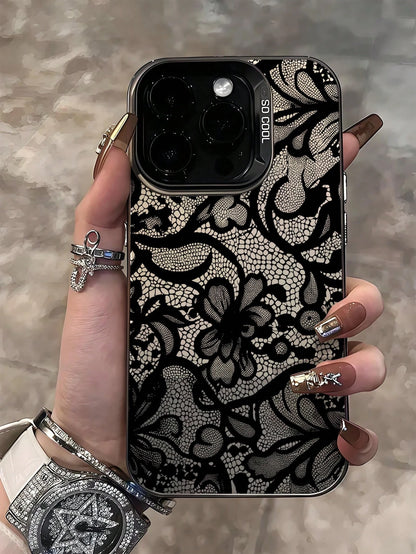 1pc Elegant Black Lace Floral Pattern Phone Case, TPU Shockproof Protective Cover, Compatible With 17/16/15/14/13/12/11/Pro/Pro Max/Plus, Suitable As Gift For Family, Couples, Friends, Aesthetic