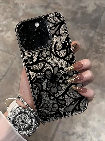 1pc Elegant Black Lace Floral Pattern Phone Case, TPU Shockproof Protective Cover, Compatible With 17/16/15/14/13/12/11/Pro/Pro Max/Plus, Suitable As Gift For Family, Couples, Friends, Aesthetic