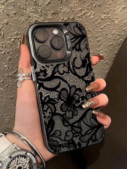 1pc Elegant Black Lace Floral Pattern Phone Case, TPU Shockproof Protective Cover, Compatible With 17/16/15/14/13/12/11/Pro/Pro Max/Plus, Suitable As Gift For Family, Couples, Friends, Aesthetic