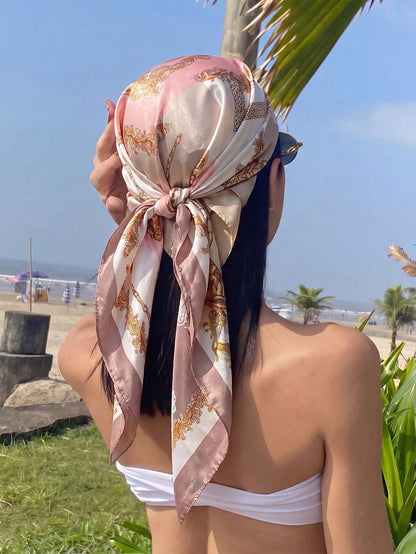 1pc Elegant Women's Minimalist Printed Silk Satin 90cm Square Scarf/Silk Scarf, New Spring/Summer Fashion Headscarf, Suitable For Daily Wear, Weddings, Banquets, Workplace, Commuting, Island Vacation