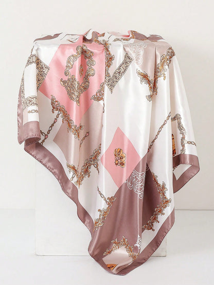 1pc Elegant Women's Minimalist Printed Silk Satin 90cm Square Scarf/Silk Scarf, New Spring/Summer Fashion Headscarf, Suitable For Daily Wear, Weddings, Banquets, Workplace, Commuting, Island Vacation
