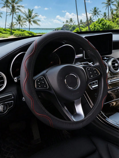 1Pc Embossed PU Car Steering Wheel Cover, Breathable Perforated Auto Steering Wrap, Universal Non-Slip PU Steering Protector For Most Vehicles Car Interior Accessory