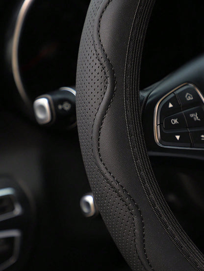 1Pc Embossed PU Car Steering Wheel Cover, Breathable Perforated Auto Steering Wrap, Universal Non-Slip PU Steering Protector For Most Vehicles Car Interior Accessory