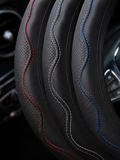 1Pc Embossed PU Car Steering Wheel Cover, Breathable Perforated Auto Steering Wrap, Universal Non-Slip PU Steering Protector For Most Vehicles Car Interior Accessory
