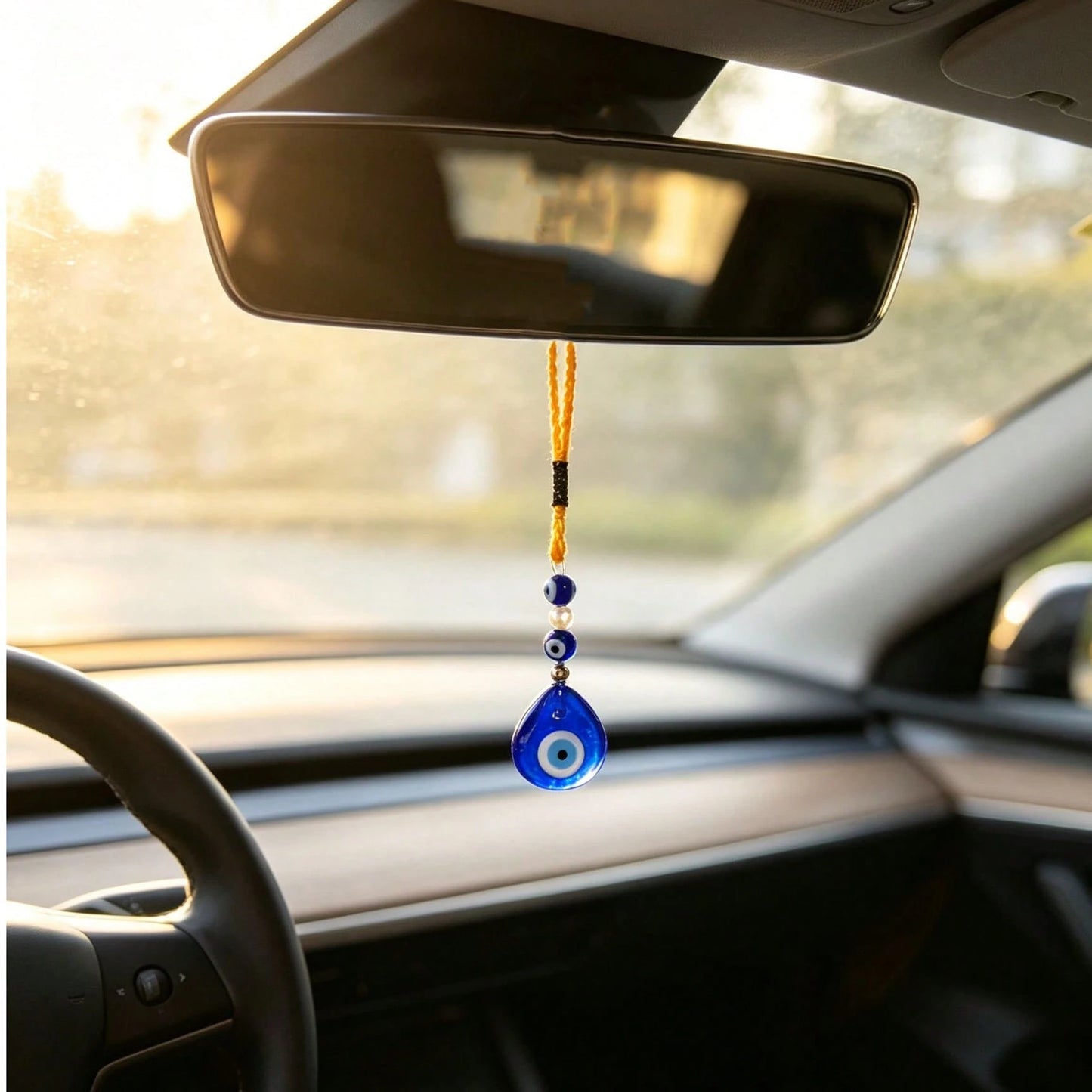1pc Evil Eye Glass Bead Braided Rope Car Rearview Mirror Hanging Ornament, Bohemian Style Auto Interior Decor Vehicle Accessory