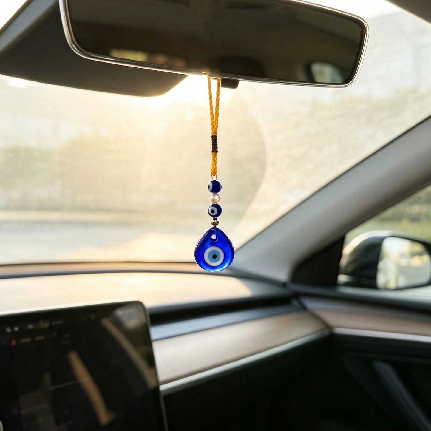 1pc Evil Eye Glass Bead Braided Rope Car Rearview Mirror Hanging Ornament, Bohemian Style Auto Interior Decor Vehicle Accessory