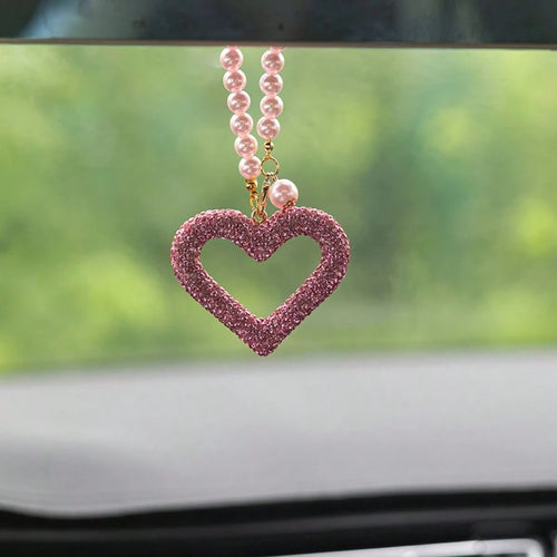 1pc Exquisite Full Rhinestone Hollow Heart Car Pendant, Faux Pearl Chain Design, Elegant Rearview Mirror Decorative Hanging Ornament, Car Interior Decoration Accessory, Car Hanging Decor