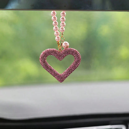 1pc Exquisite Full Rhinestone Hollow Heart Car Pendant, Faux Pearl Chain Design, Elegant Rearview Mirror Decorative Hanging Ornament, Car Interior Decoration Accessory, Car Hanging Decor