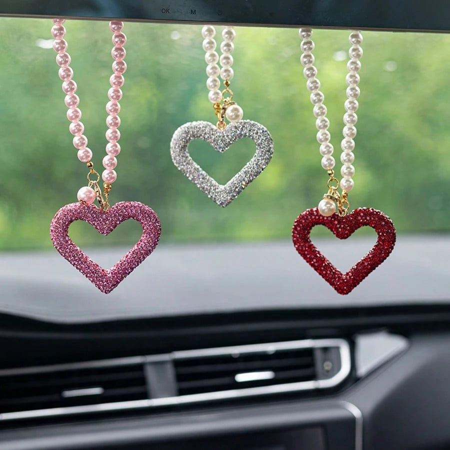 1pc Exquisite Full Rhinestone Hollow Heart Car Pendant, Faux Pearl Chain Design, Elegant Rearview Mirror Decorative Hanging Ornament, Car Interior Decoration Accessory, Car Hanging Decor