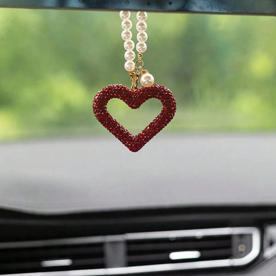 1pc Exquisite Full Rhinestone Hollow Heart Car Pendant, Faux Pearl Chain Design, Elegant Rearview Mirror Decorative Hanging Ornament, Car Interior Decoration Accessory, Car Hanging Decor