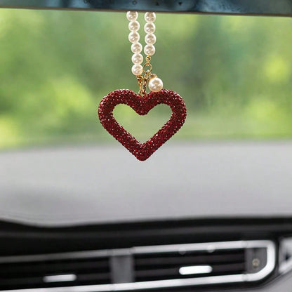 1pc Exquisite Full Rhinestone Hollow Heart Car Pendant, Faux Pearl Chain Design, Elegant Rearview Mirror Decorative Hanging Ornament, Car Interior Decoration Accessory, Car Hanging Decor