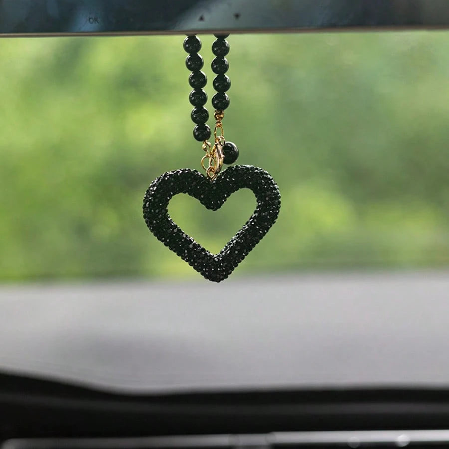 1pc Exquisite Full Rhinestone Hollow Heart Car Pendant, Faux Pearl Chain Design, Elegant Rearview Mirror Decorative Hanging Ornament, Car Interior Decoration Accessory, Car Hanging Decor