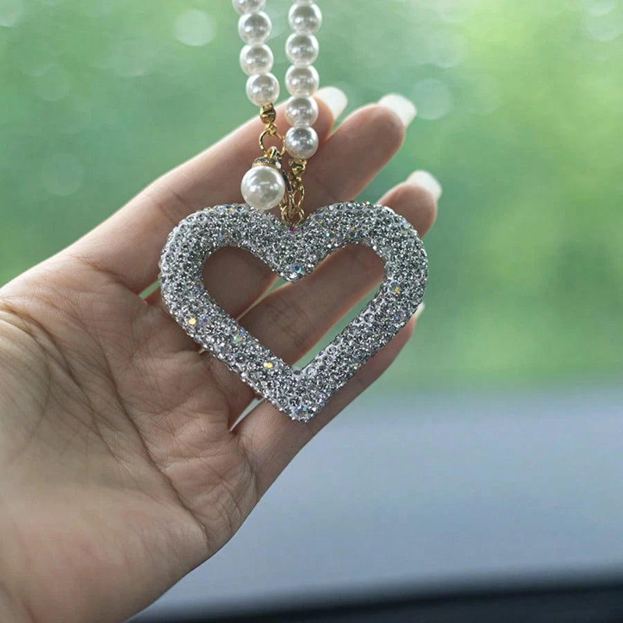 1pc Exquisite Full Rhinestone Hollow Heart Car Pendant, Faux Pearl Chain Design, Elegant Rearview Mirror Decorative Hanging Ornament, Car Interior Decoration Accessory, Car Hanging Decor