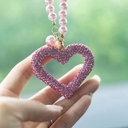 1pc Exquisite Full Rhinestone Hollow Heart Car Pendant, Faux Pearl Chain Design, Elegant Rearview Mirror Decorative Hanging Ornament, Car Interior Decoration Accessory, Car Hanging Decor