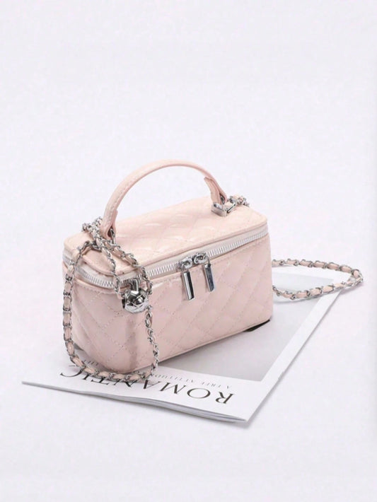 1pc Fashion PU Quilted Diamond Pattern Zipper Small Square Bag, Women's Versatile Shoulder Crossbody Bag, Pink