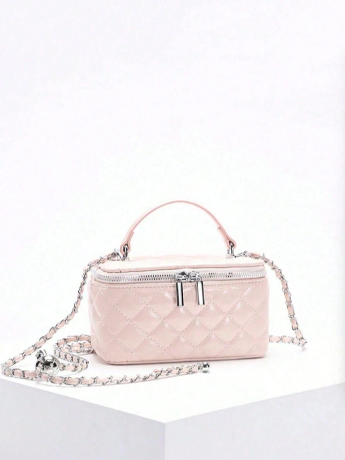 1pc Fashion PU Quilted Diamond Pattern Zipper Small Square Bag, Women's Versatile Shoulder Crossbody Bag, Pink