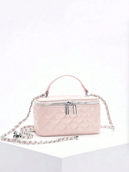 1pc Fashion PU Quilted Diamond Pattern Zipper Small Square Bag, Women's Versatile Shoulder Crossbody Bag, Pink