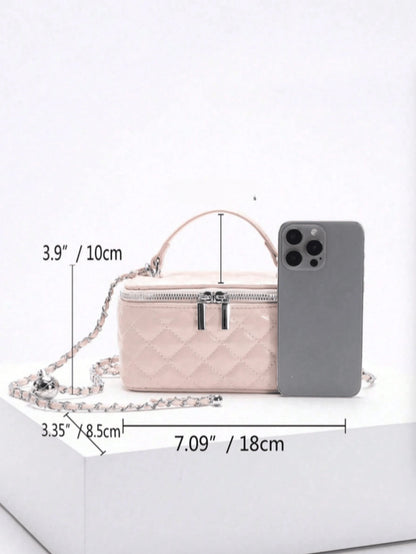 1pc Fashion PU Quilted Diamond Pattern Zipper Small Square Bag, Women's Versatile Shoulder Crossbody Bag, Pink