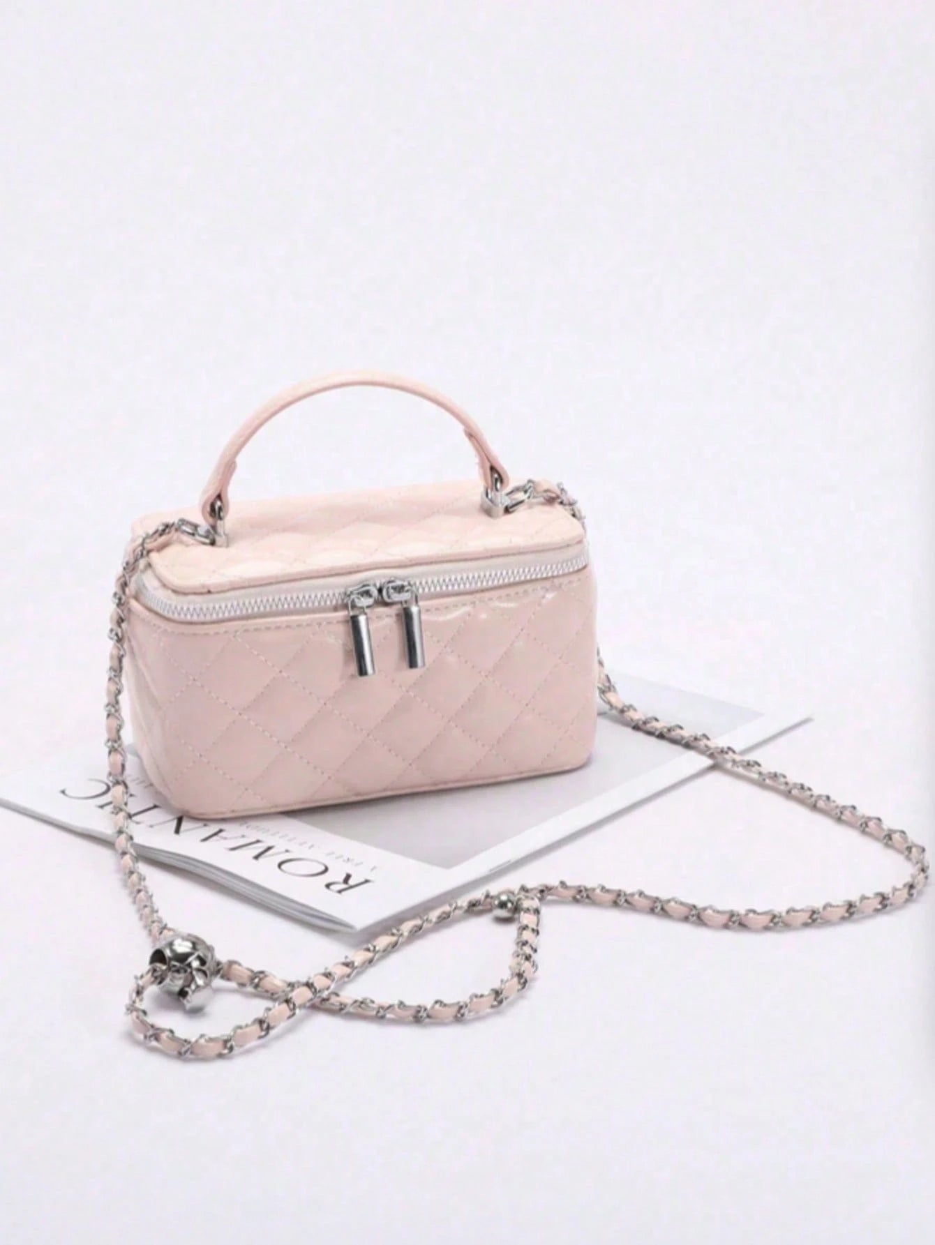 1pc Fashion PU Quilted Diamond Pattern Zipper Small Square Bag, Women's Versatile Shoulder Crossbody Bag, Pink