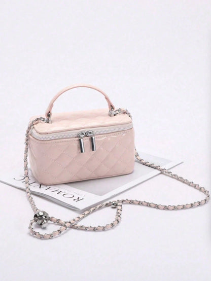 1pc Fashion PU Quilted Diamond Pattern Zipper Small Square Bag, Women's Versatile Shoulder Crossbody Bag, Pink