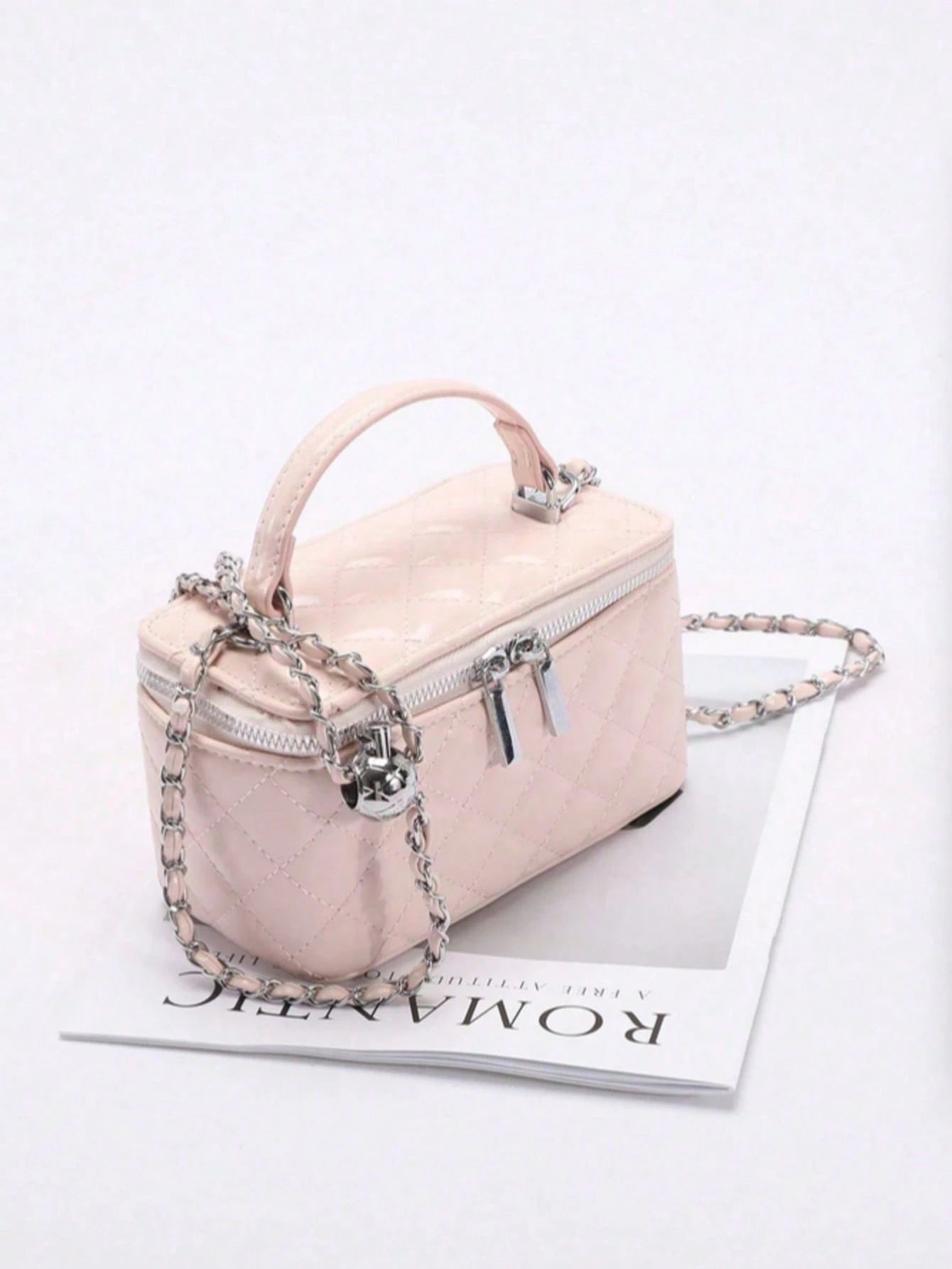 1pc Fashion PU Quilted Diamond Pattern Zipper Small Square Bag, Women's Versatile Shoulder Crossbody Bag, Pink