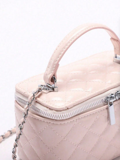 1pc Fashion PU Quilted Diamond Pattern Zipper Small Square Bag, Women's Versatile Shoulder Crossbody Bag, Pink
