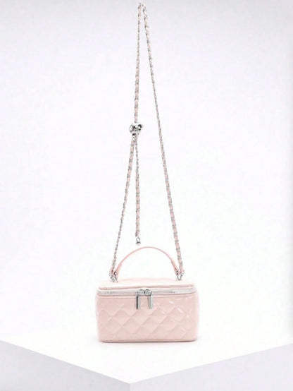 1pc Fashion PU Quilted Diamond Pattern Zipper Small Square Bag, Women's Versatile Shoulder Crossbody Bag, Pink