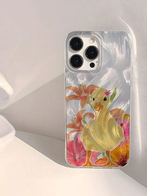 1pc Fashion Tropical Flower & Little Yellow Duck Pattern Waterproof Anti-Fingerprint Anti-Scratch Transparent IMD Soft Glossy Smooth Phone Case, Suitable For Confession, Gift For Friends, Family, Coup