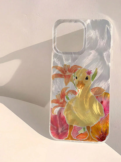 1pc Fashion Tropical Flower & Little Yellow Duck Pattern Waterproof Anti-Fingerprint Anti-Scratch Transparent IMD Soft Glossy Smooth Phone Case, Suitable For Confession, Gift For Friends, Family, Coup