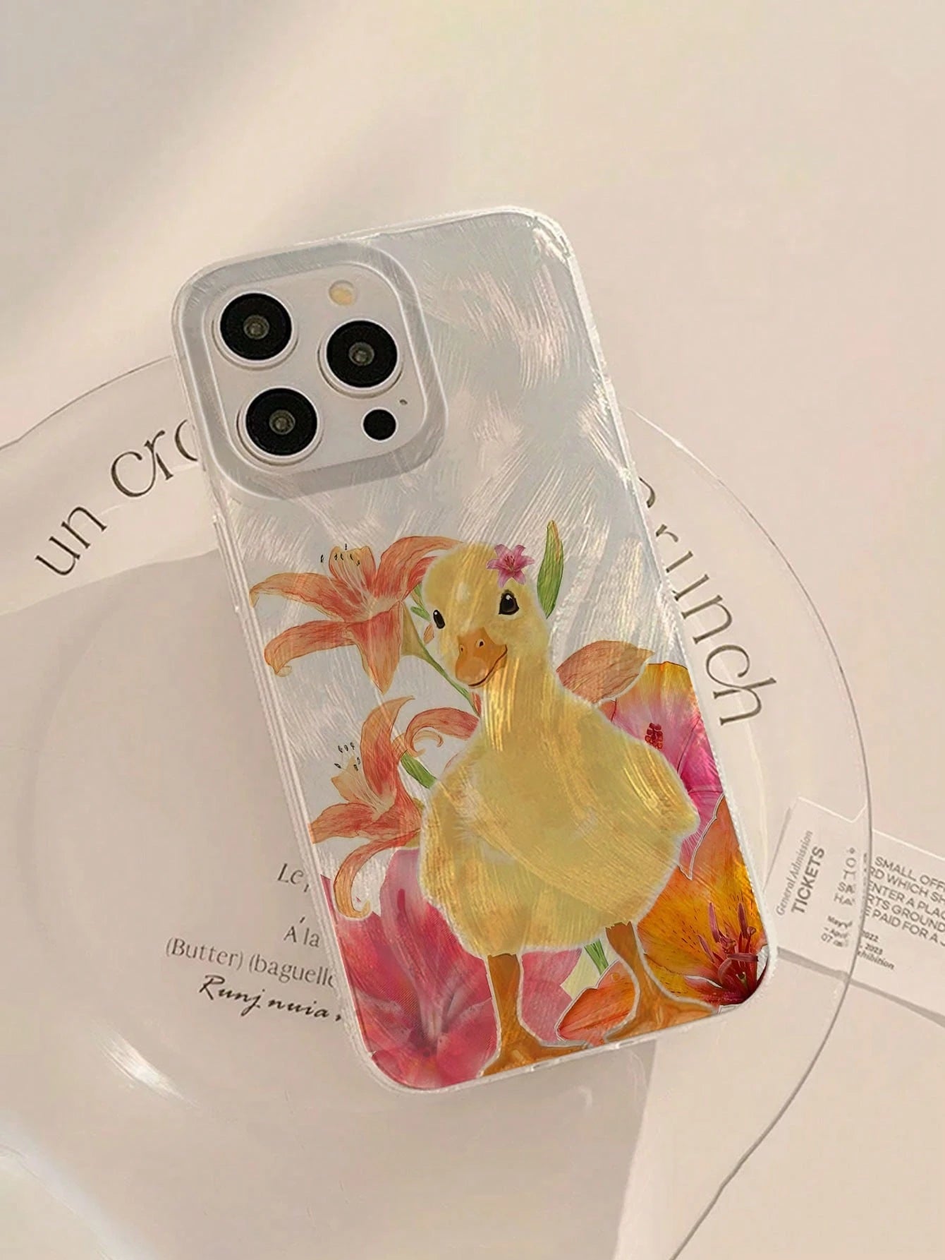 1pc Fashion Tropical Flower & Little Yellow Duck Pattern Waterproof Anti-Fingerprint Anti-Scratch Transparent IMD Soft Glossy Smooth Phone Case, Suitable For Confession, Gift For Friends, Family, Coup