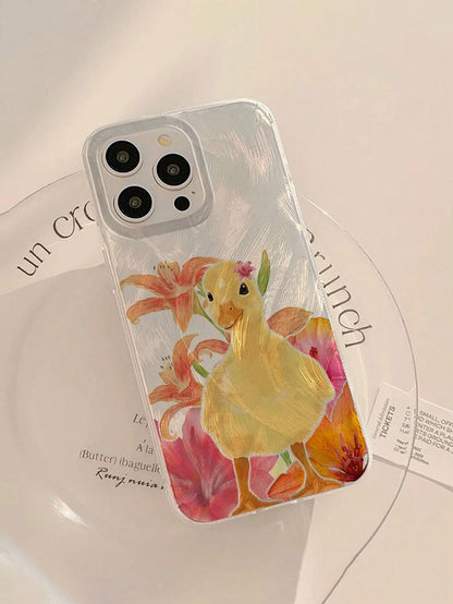 1pc Fashion Tropical Flower & Little Yellow Duck Pattern Waterproof Anti-Fingerprint Anti-Scratch Transparent IMD Soft Glossy Smooth Phone Case, Suitable For Confession, Gift For Friends, Family, Coup