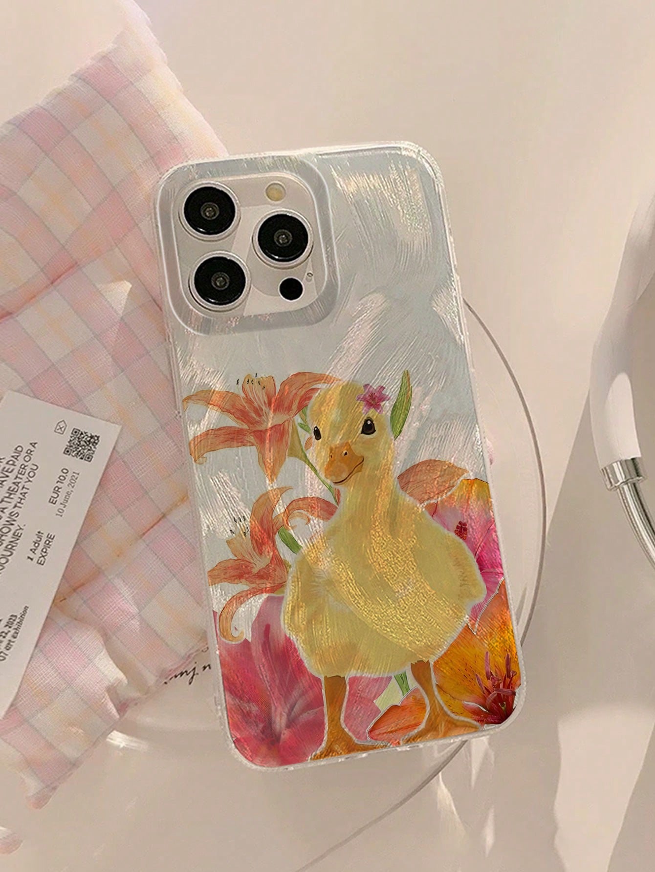 1pc Fashion Tropical Flower & Little Yellow Duck Pattern Waterproof Anti-Fingerprint Anti-Scratch Transparent IMD Soft Glossy Smooth Phone Case, Suitable For Confession, Gift For Friends, Family, Coup